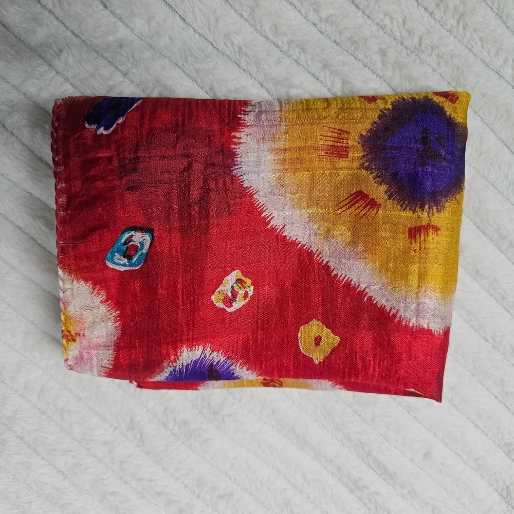 Pure Silk Scarf Red Multicolor Tie Dye Sunburst Boho Wrap Made In India